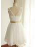 Deep V Pleats Tulle Short Wedding Dress